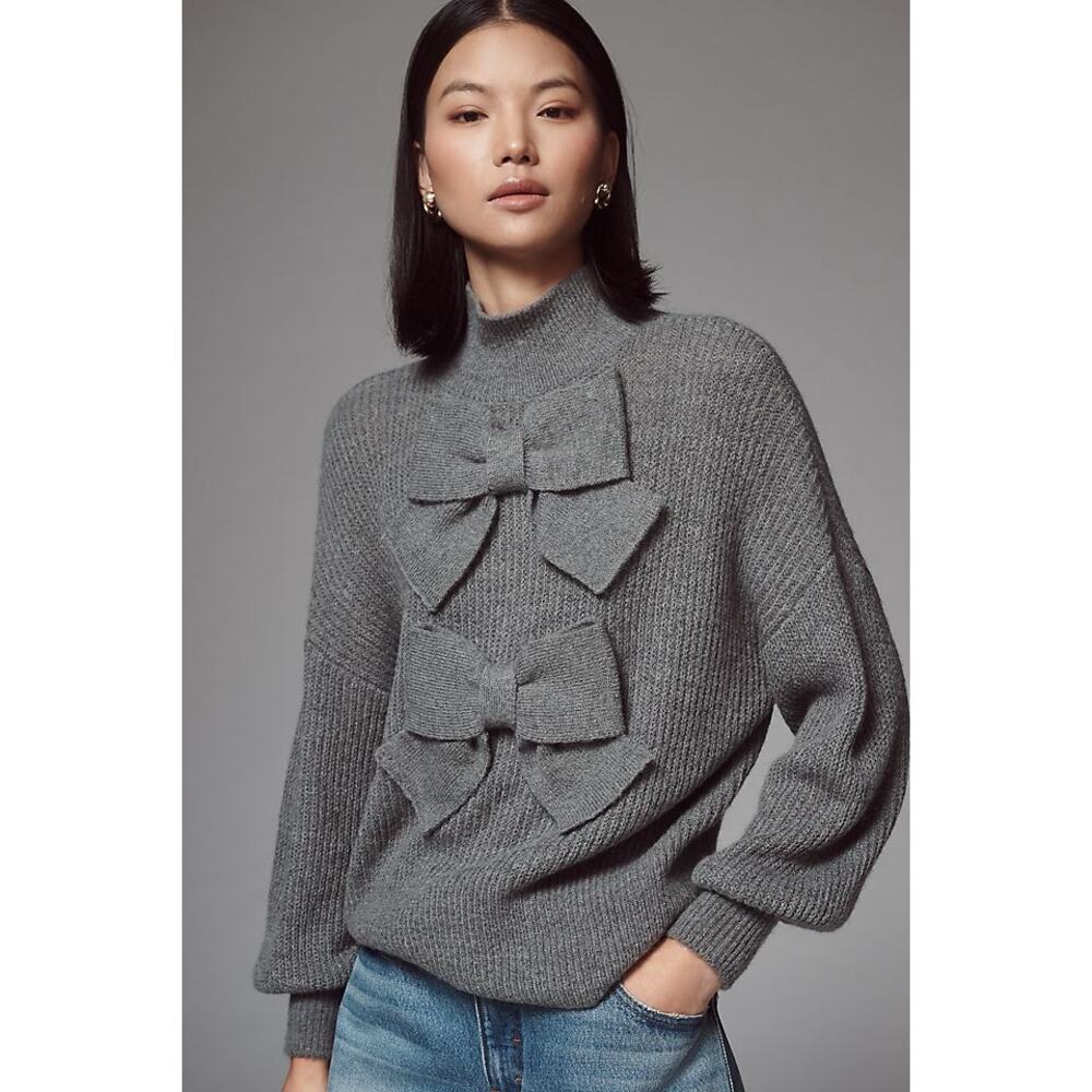 Anthro Mare Mare Gray Mock Neck Sweater w Bows Women's Size Small Bishop Sleeve